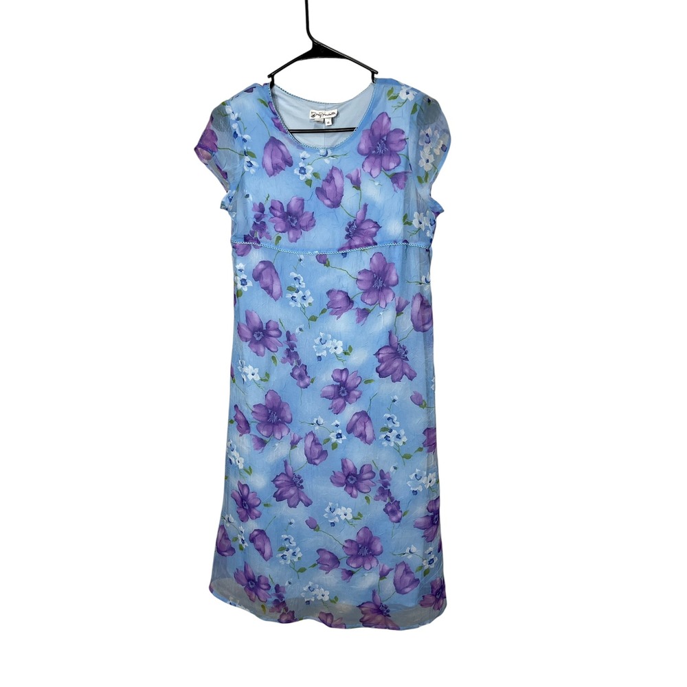 My‎ Michelle Floral Dress and Scarf Blue Purple White Midi Short Sleeve Size 14
